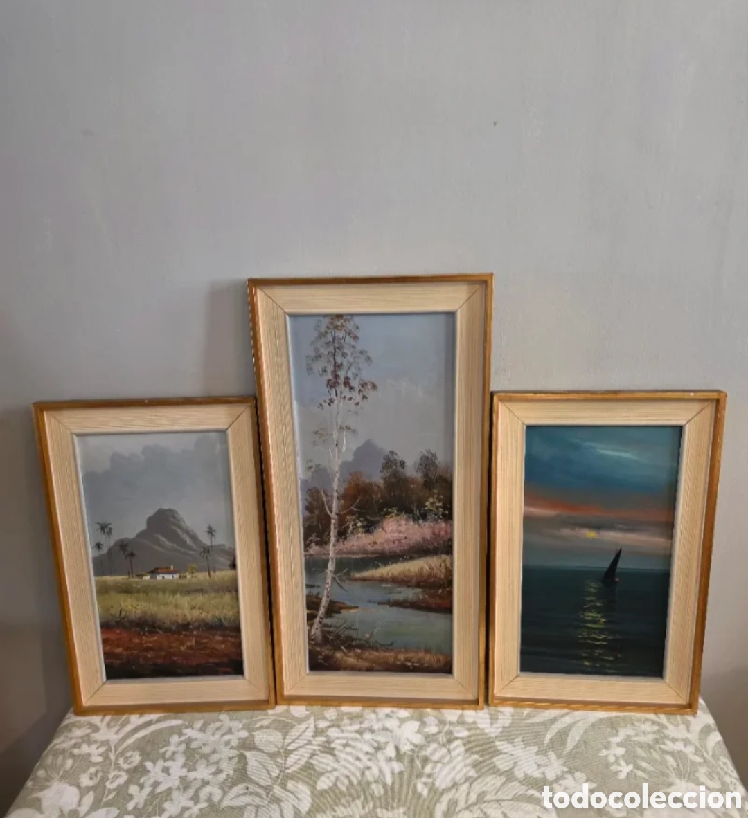 Arte: Precioso conjunto / tr&iacute;ptico de tres cuadros al &oacute;leo. Tem&aacute;tica paisaj&iacute;stica y marina. Estilo cl&aacute;sico