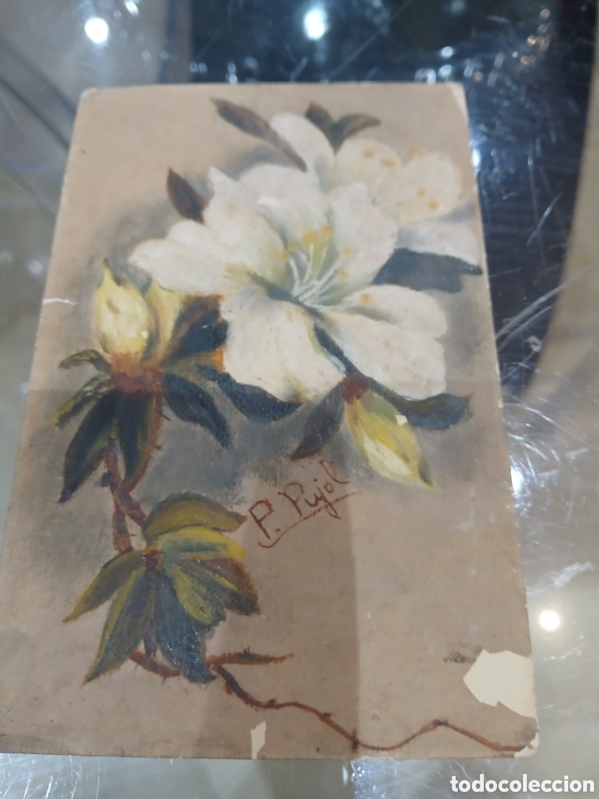 Arte: Postal pintada frores firmado