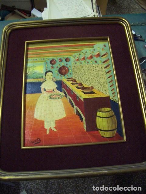 Arte: Arte Na&iacute;f, escena de cocina tradicional mexicana, oleo sobre lienzo