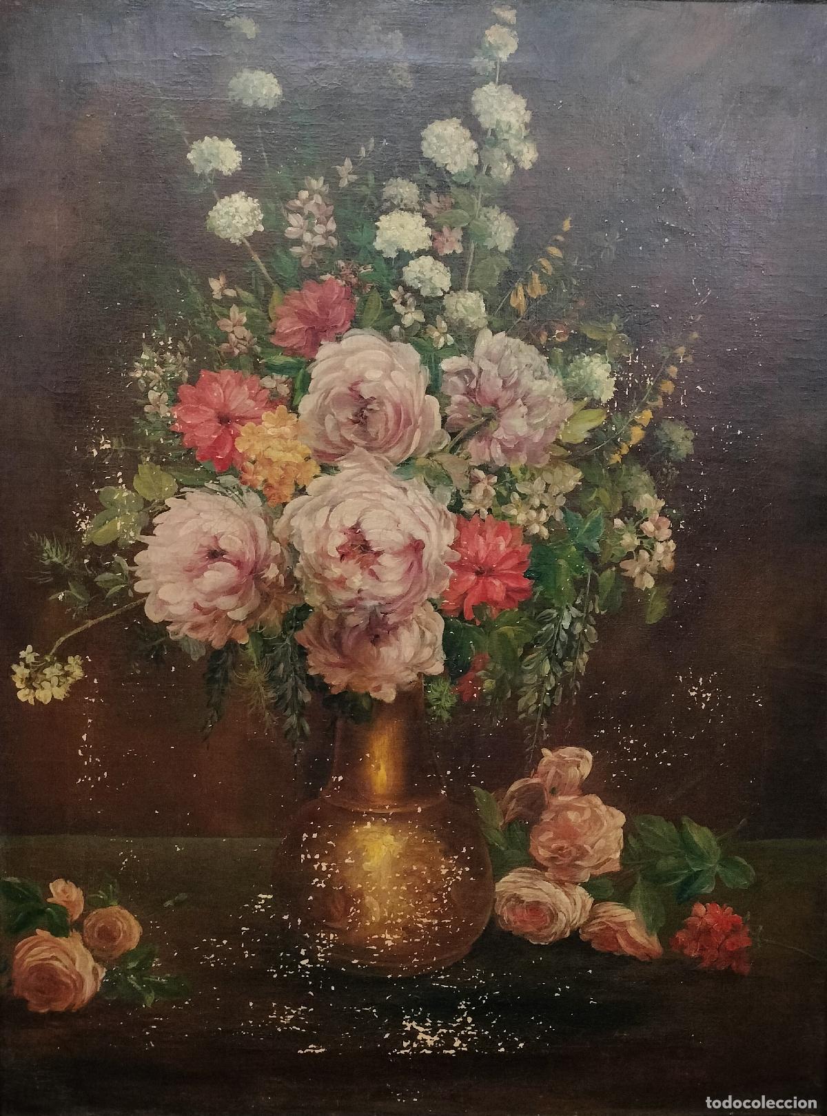 Arte: BODEG&Oacute;N CON JARR&Oacute;N DORADO Y ROSAS. AN&Oacute;NIMO. &Oacute;LEO SOBRE LIENZO. ESPA&Ntilde;A. SIGLO XIX.