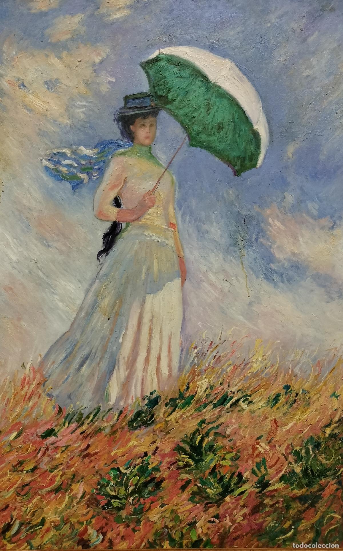 Arte: MUJER CON SOMBRILLA. A PARTIR DE MONET. LE MIROIR DES MA&Icirc;TRES. &Oacute;LEO SOBRE LIENZO. FRANCIA. XX.
