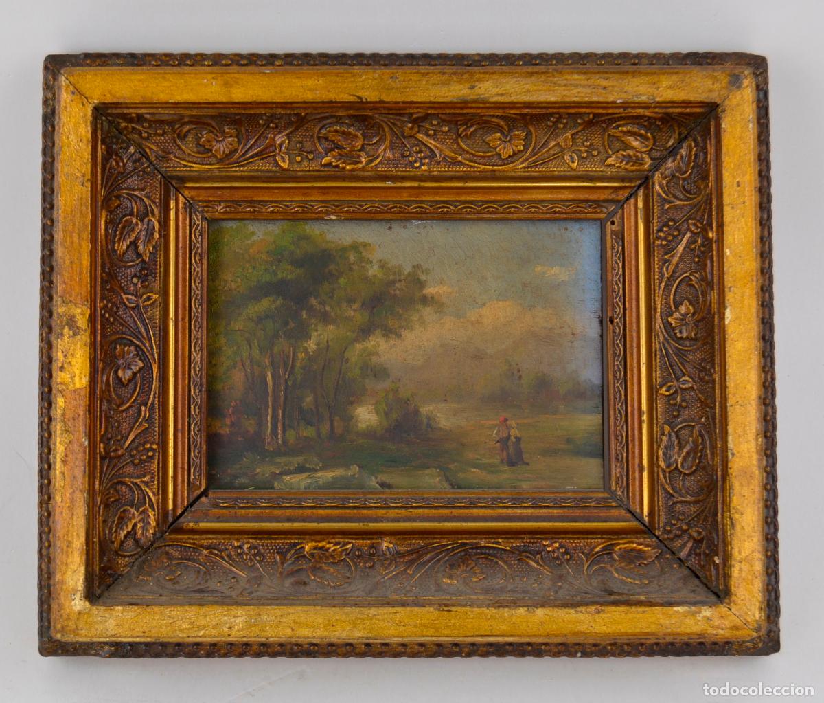 Arte: Paisaje pastoral con figuras humanas, pintura al &oacute;leo sobre madera, siglo XIX, con marco.