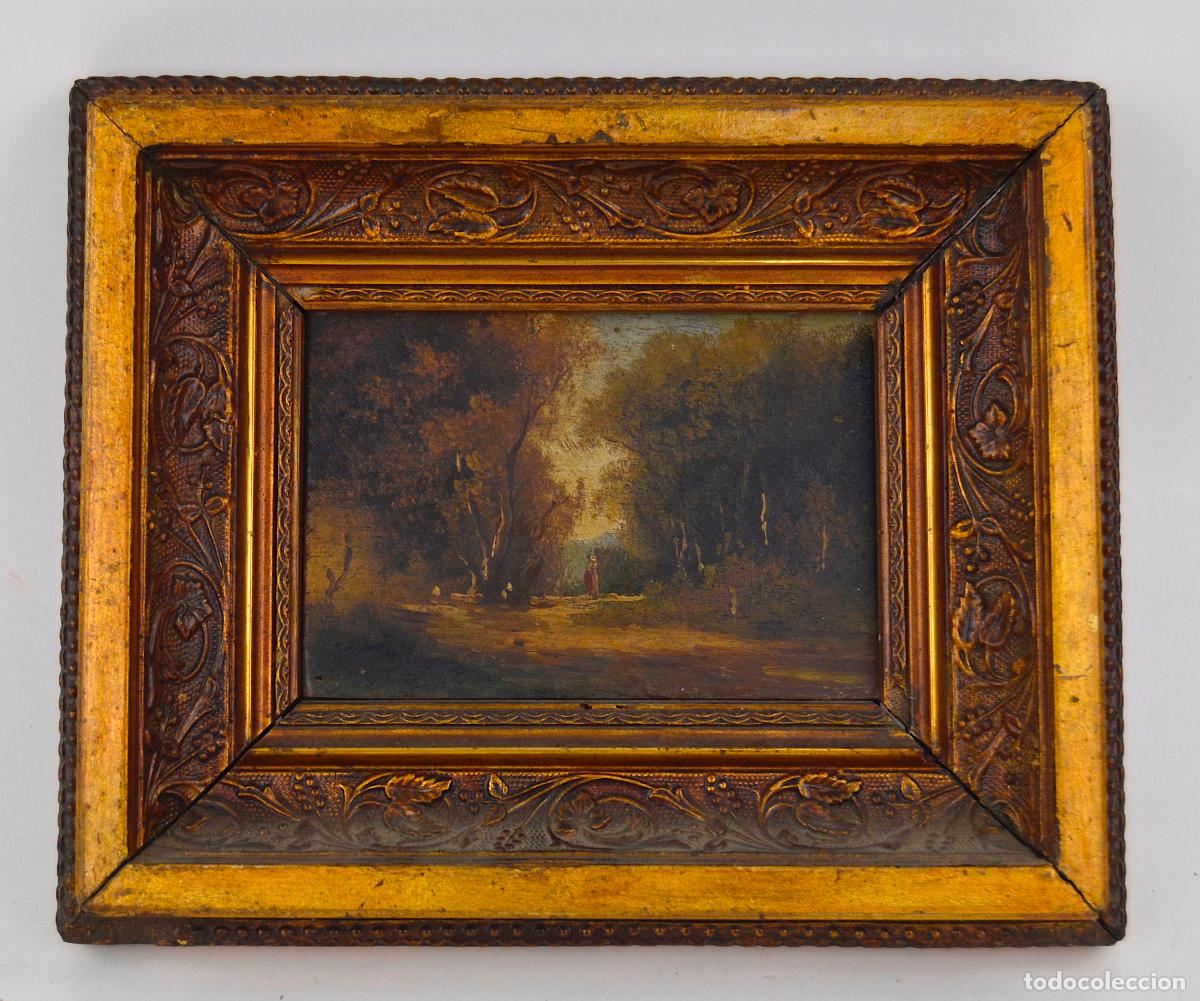Arte: Paisaje, escena rom&aacute;ntica, pintura al &oacute;leo sobre madera, siglo XIX, con marco.
