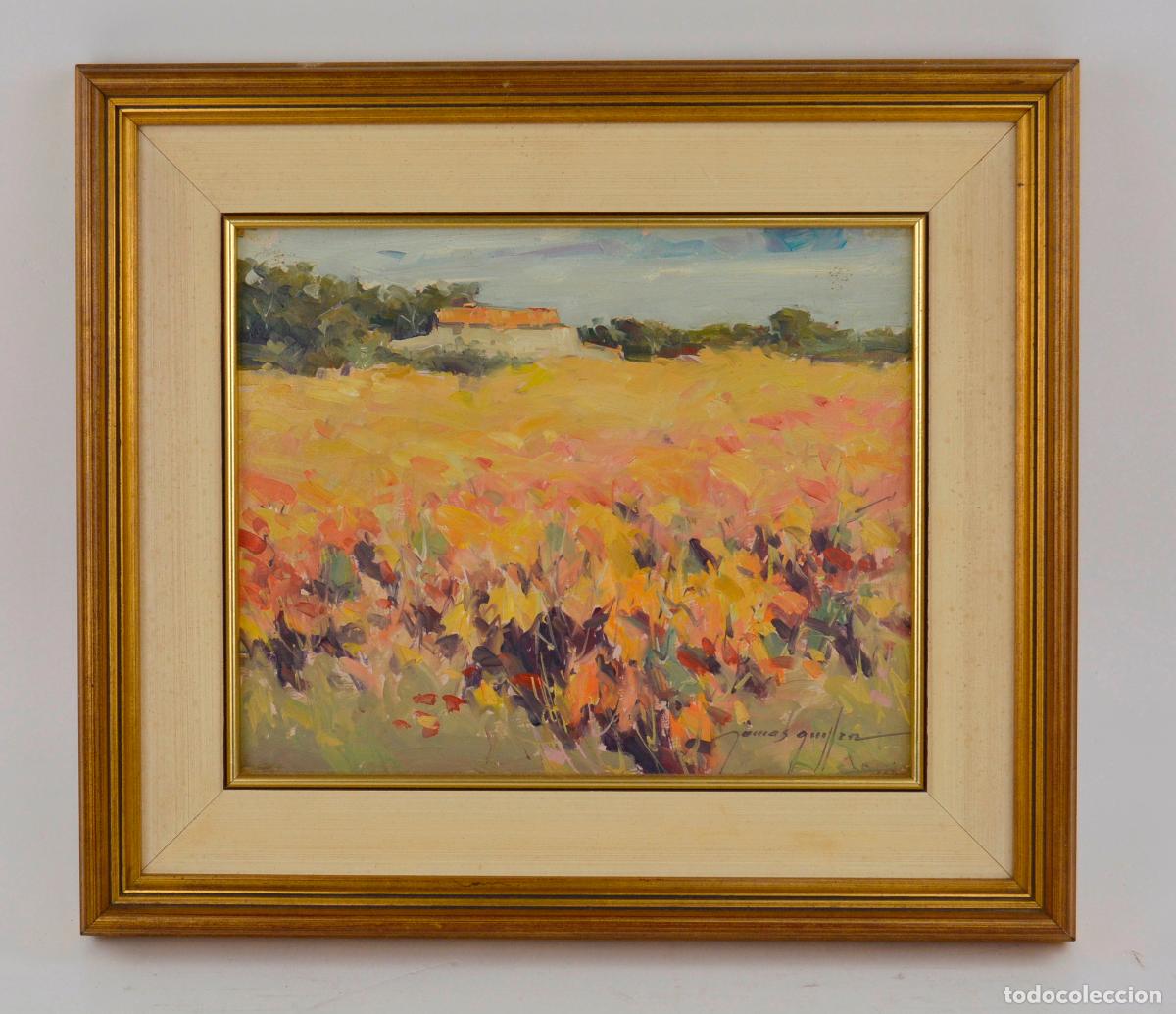 Arte: Tom&aacute;s Guill&eacute;n, campo de flores, pintura al &oacute;lo sobre madera, firmada, con marco.