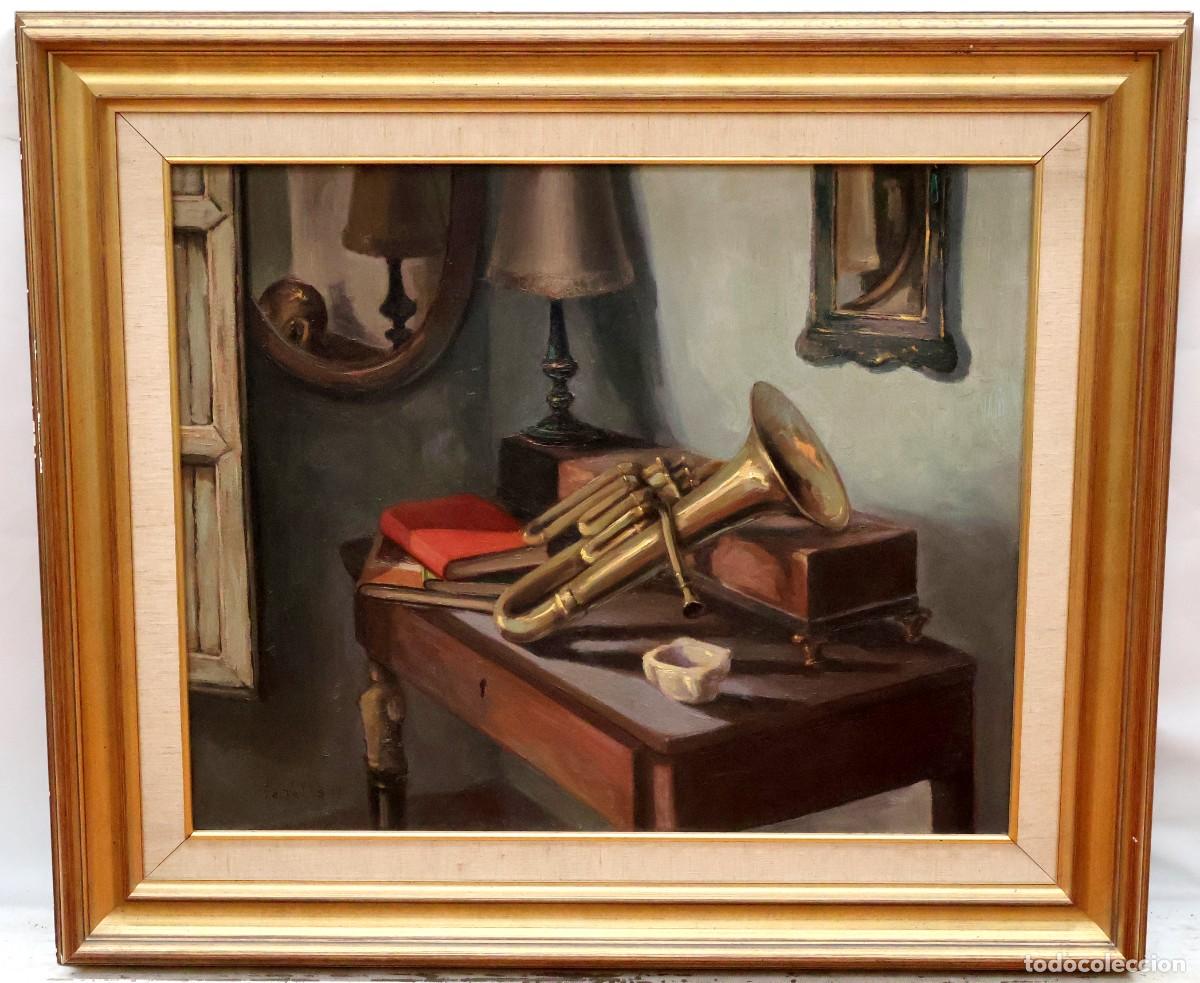 Arte: VICENT VALLS (Burjassot, Siglo XX) OLEO SOBRE TELA. BODEGON MUSICAL. 60 X 73 CM.