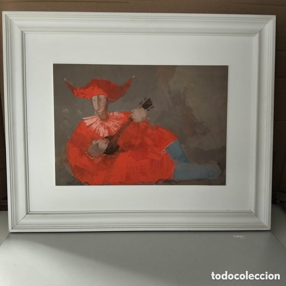 Arte: &Oacute;leo sobre tabla contempor&aacute;neo que representa a un buf&oacute;n o arlequ&iacute;n vestido de rojo