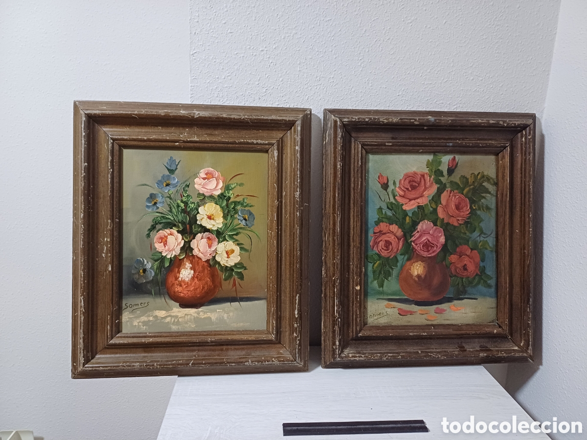 Arte: ANTIGUA PAREJA OLEOS JARR&Oacute;N FLORES, FIRMA SOMERS