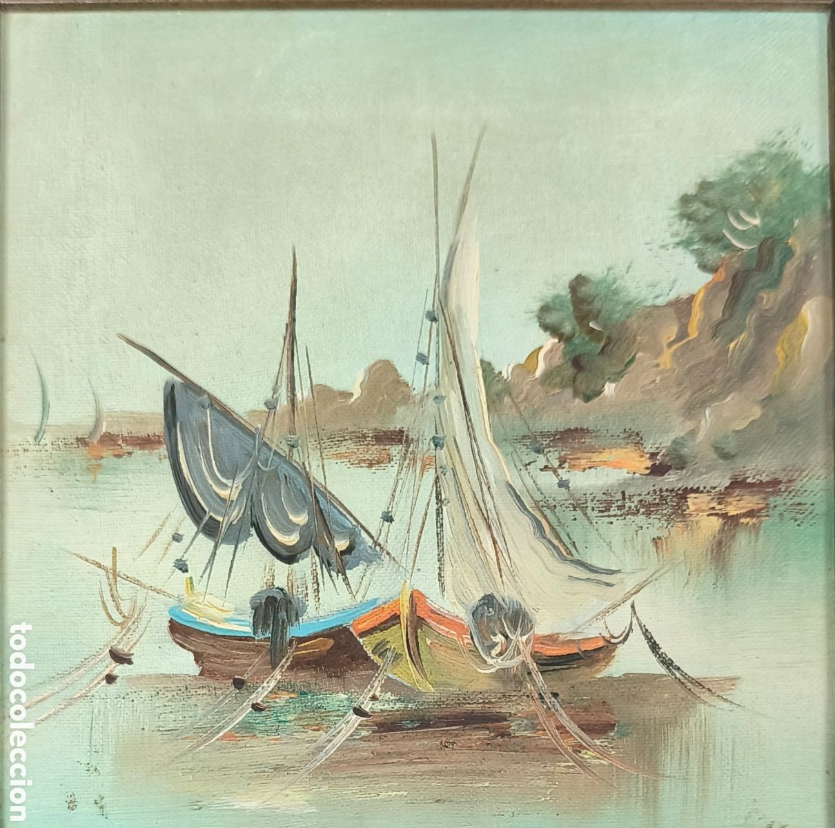 Arte: pintura decorativa al &oacute;leo que parece representar barcos pesqueros o veleros