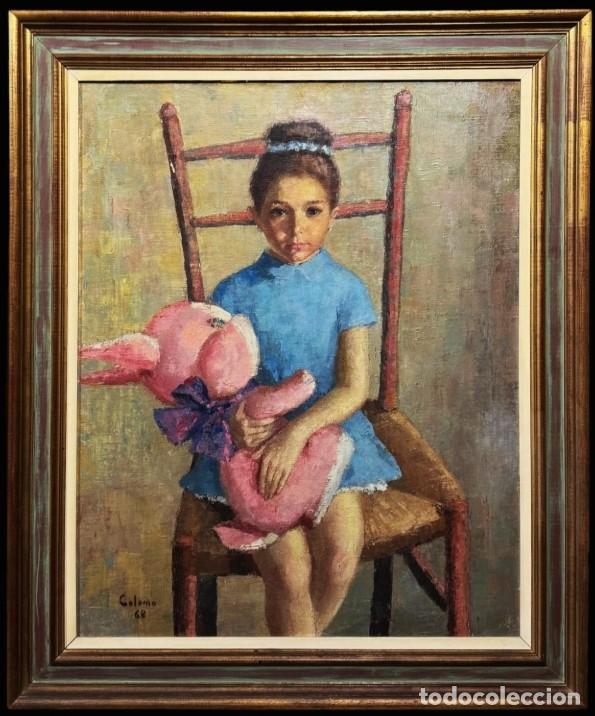 Arte: Lorenzo Colomo y Arquello (1950) - Magn&iacute;fico retrato de ni&ntilde;a con peluche