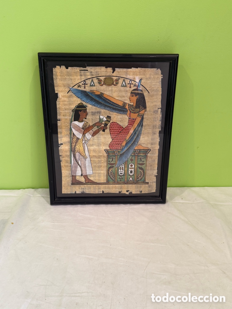 Arte: Pintura Egipcia sobre Papiro &ndash; Escena Fara&oacute;nica con Diosa Alada &ndash; enmarcado