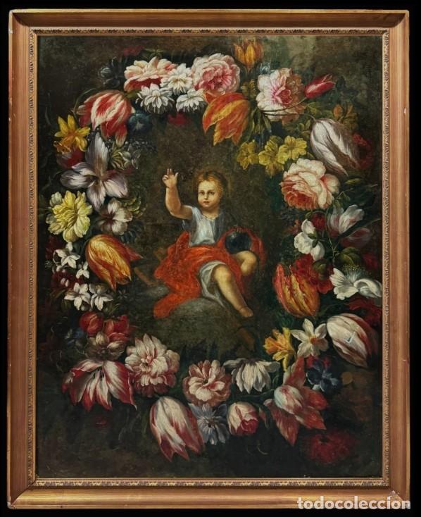 Arte: Escuela Europea (siglo XIX) - Gloria del Ni&ntilde;o Jes&uacute;s en una guirnalda - Formato XL