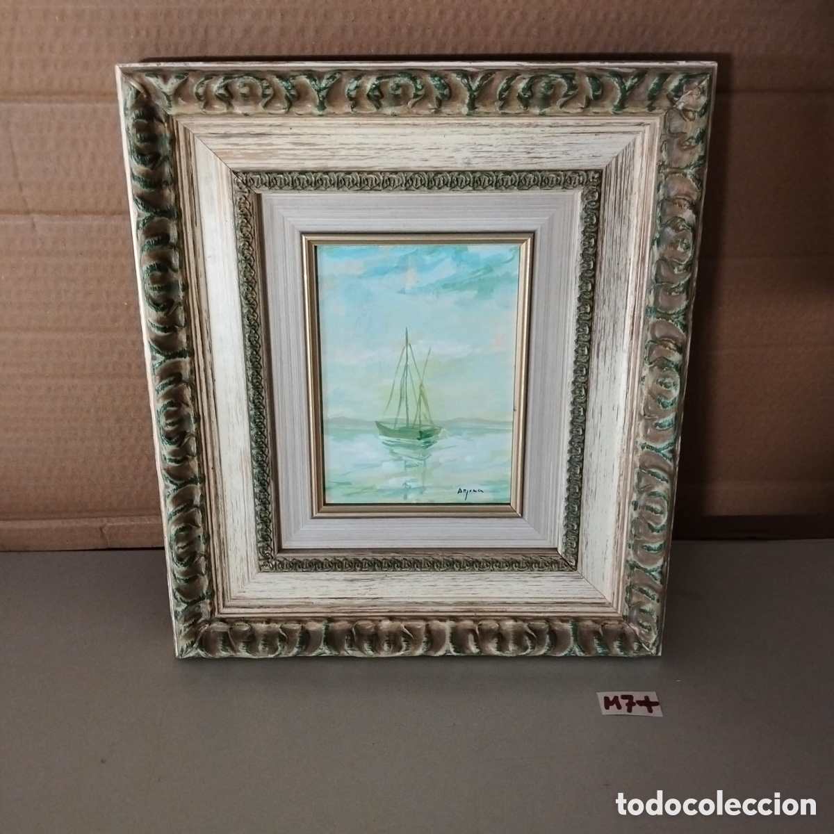 Arte: &Oacute;leo cuadro enmarcado con una pintura marina firmado