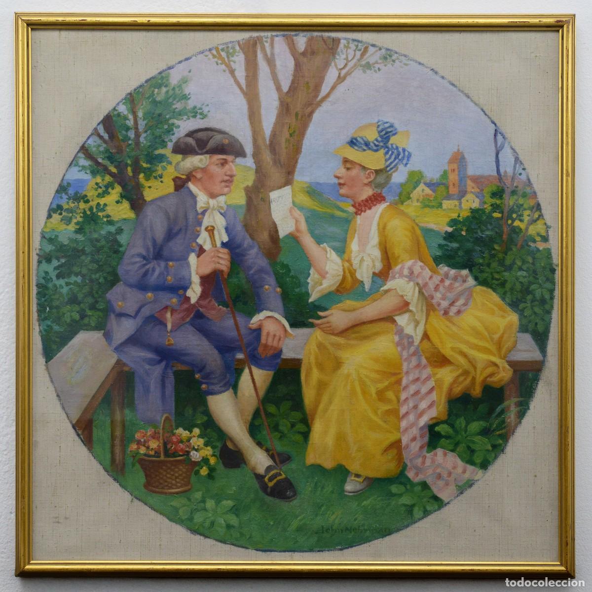 Arte: 19th Century Swedish Rococo Style Poetic Garden Scene Oil Canvas Signed Nehrman