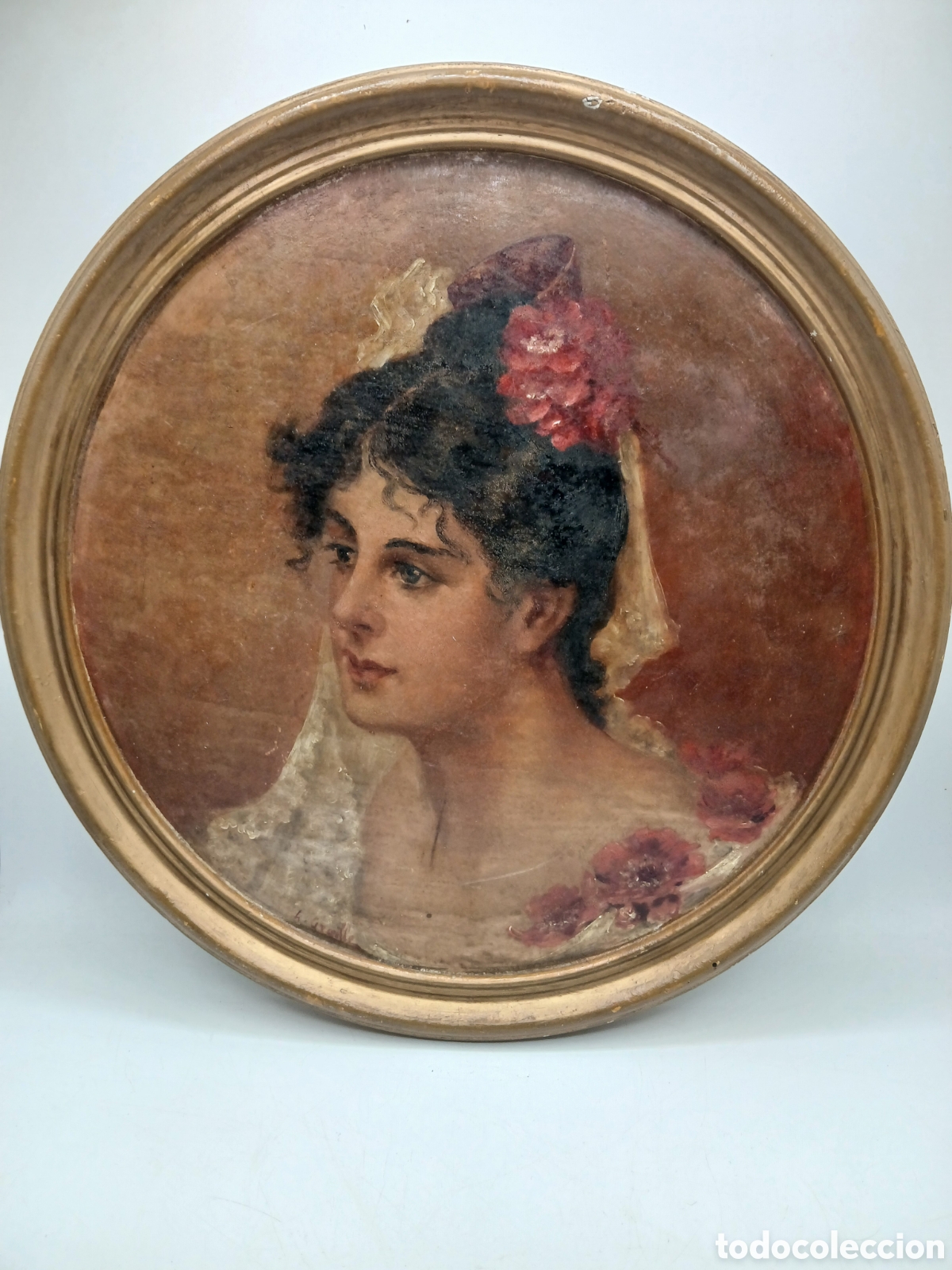 Arte: L. Grenille. Retrato dama. &Oacute;leo sobre madera estucada dorado oro viejo