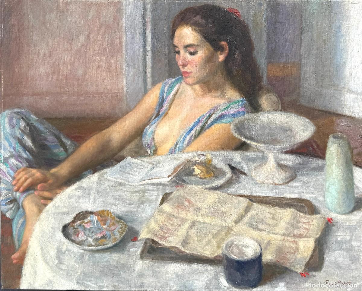 Arte: Ram&oacute;n Pichot Soler &ndash; Mujer leyendo durante el desayuno &ndash; &Oacute;leo sobre lienzo, 65 &times; 81 cm