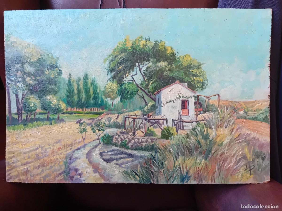 Arte: Paisaje rural castellano &oacute;leo sobre tabla d&eacute;cada de los 60, firmado LP, LUCIANO PARRADO.