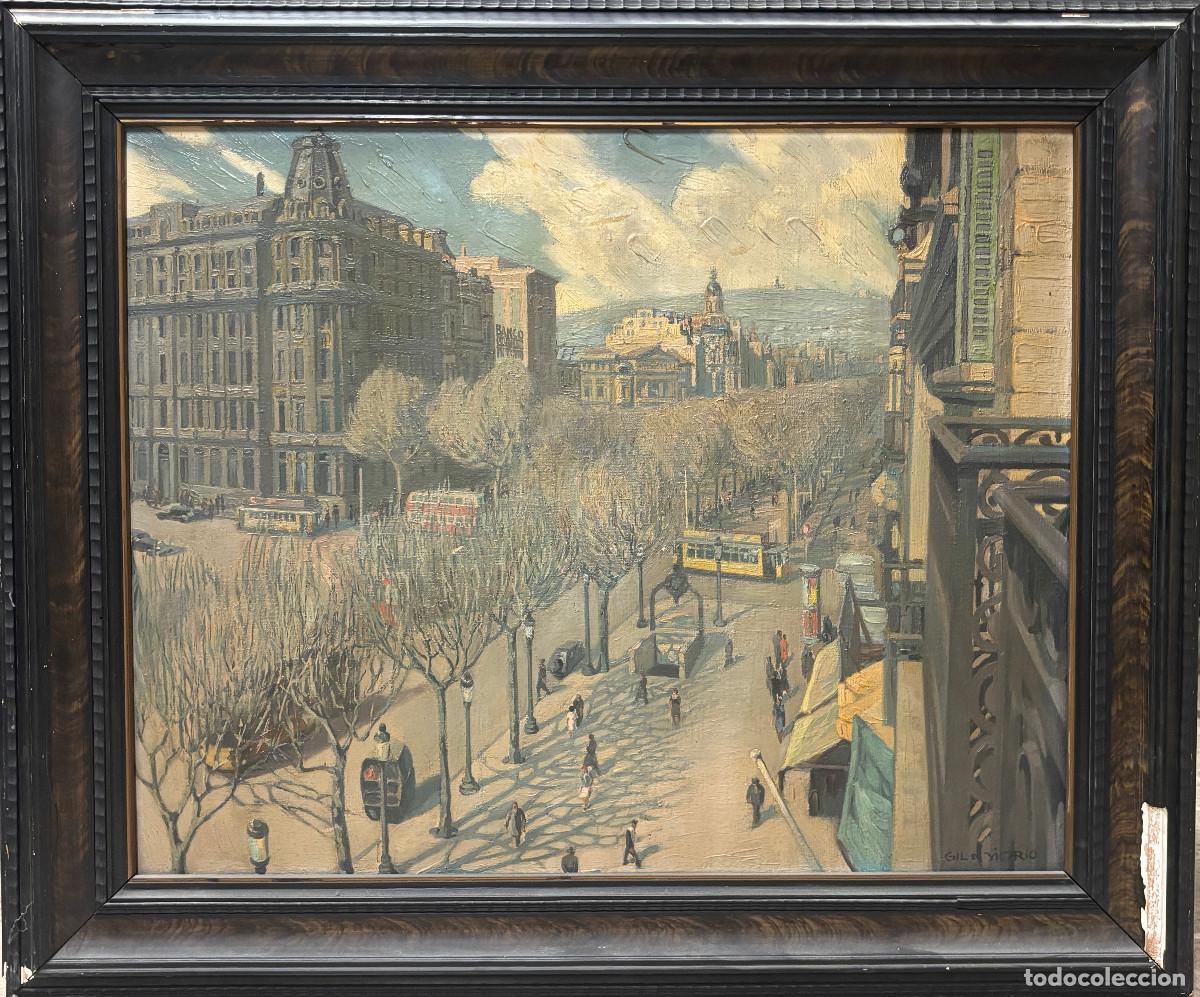 Arte: Lu&iacute;s Gil de Vicario (1898-1959) Vista de Barcelona, plaza Catalu&ntilde;a, ca 1940. &Oacute;leo sobre tela.
