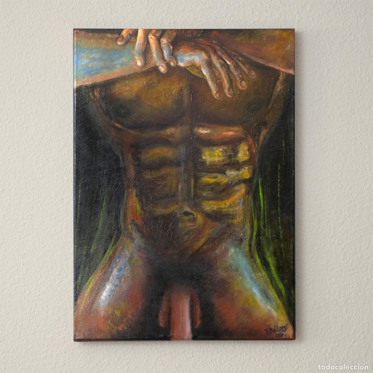 Arte: Pintura al &oacute;leo. Desnudo masculino. Anatom&iacute;a. Contempor&aacute;nea. Natural. Modelo. T&iacute;tulo: Waiting