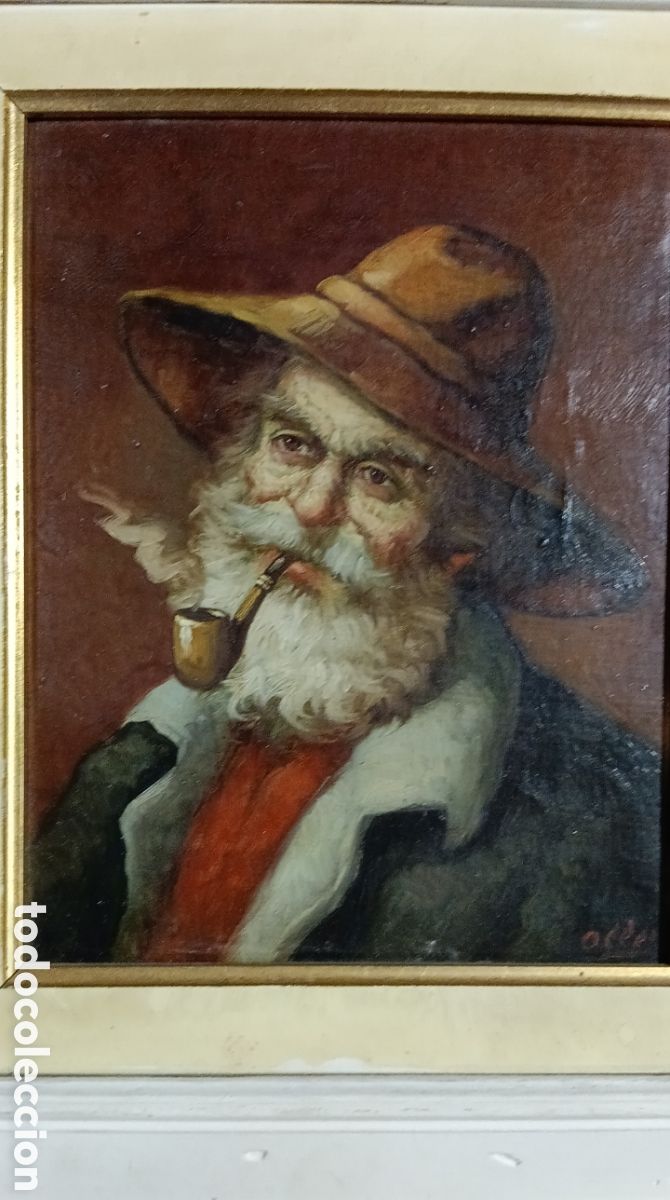 Arte: &Oacute;LEO SOBRE LIENZO FIRMADO OLLER SE&Ntilde;OR BARBA PIPA