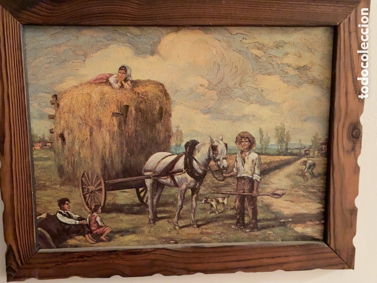 Arte: &Oacute;leo sobre lienzo, escena costumbrista rural con carro de heno, caballo y campesinos