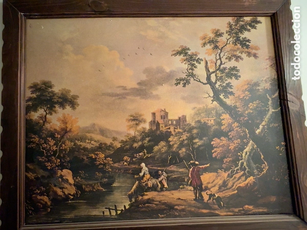 Arte: &Oacute;leo sobre lienzo, paisaje fluvial con figuras, copia de Jean-Baptiste Pillement