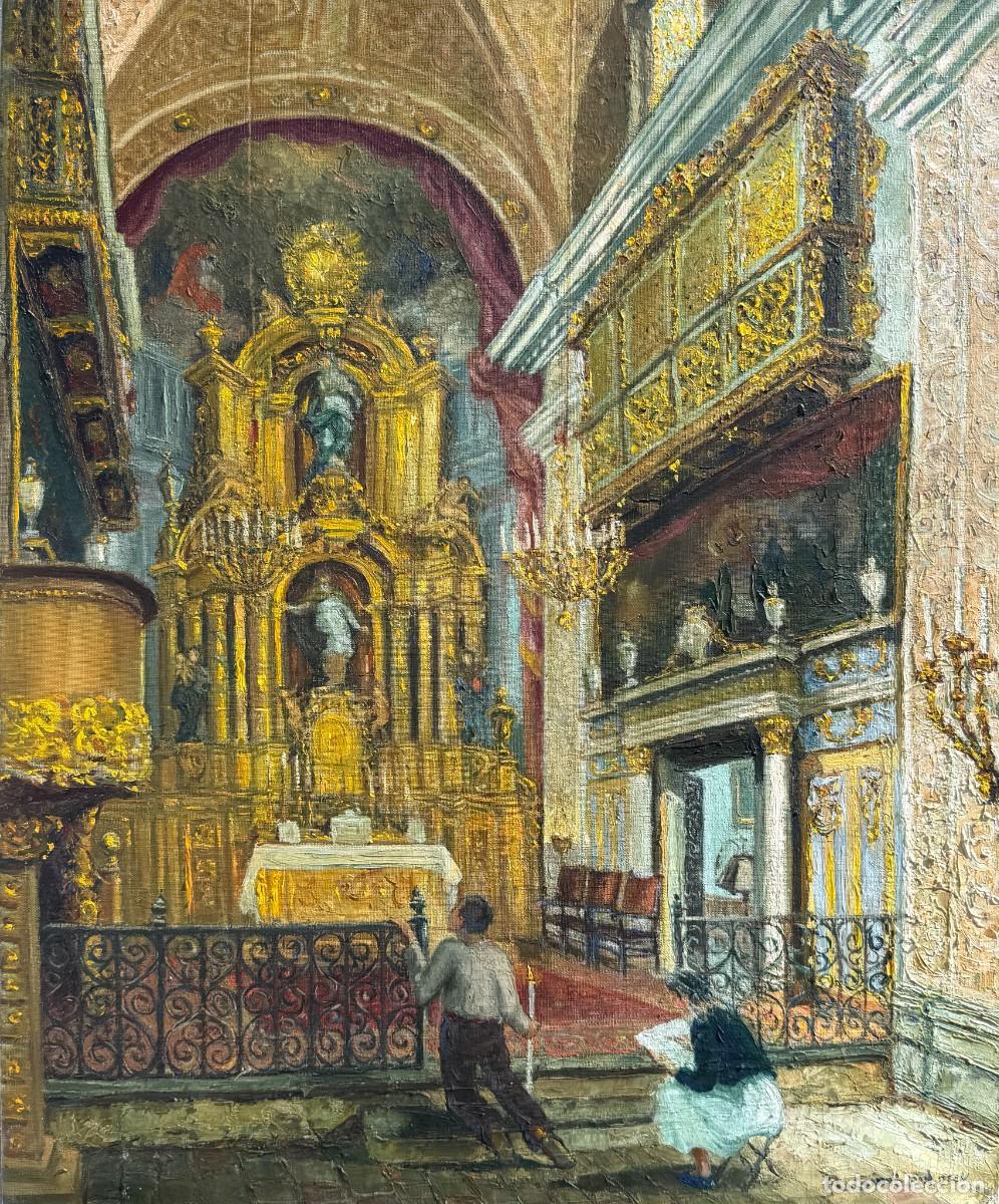 Arte: Ram&oacute;n Gimbert Canals, interior de la iglesia de Sant Sever de Barcelona, &oacute;leo firmado