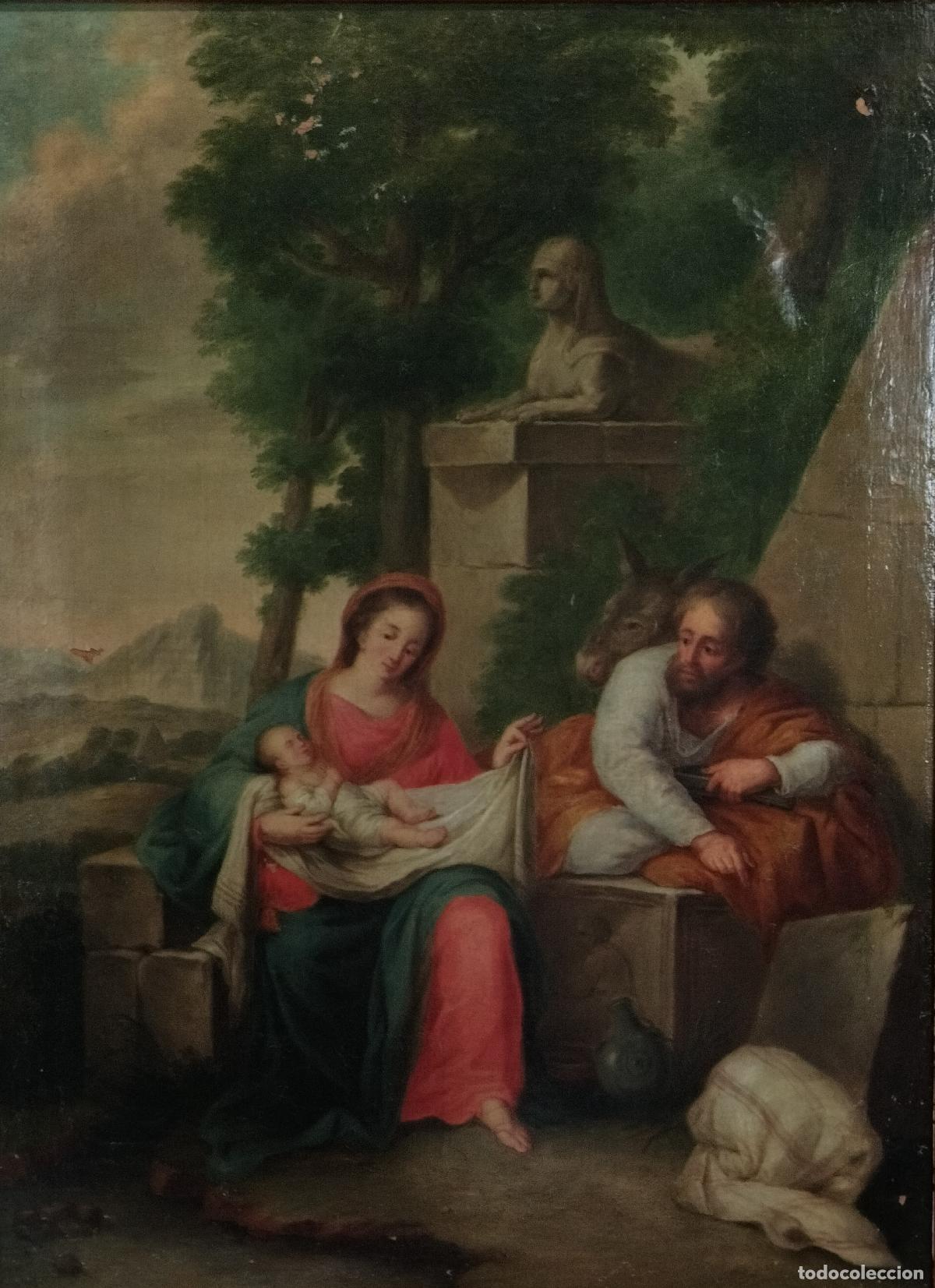 Arte: DESCANSO EN LA HUIDA A EGIPTO. AN&Oacute;NIMO. &Oacute;LEO SOBRE LIENZO. ESCUELA EUROPEA, SIGLOS XVIII-XIX.