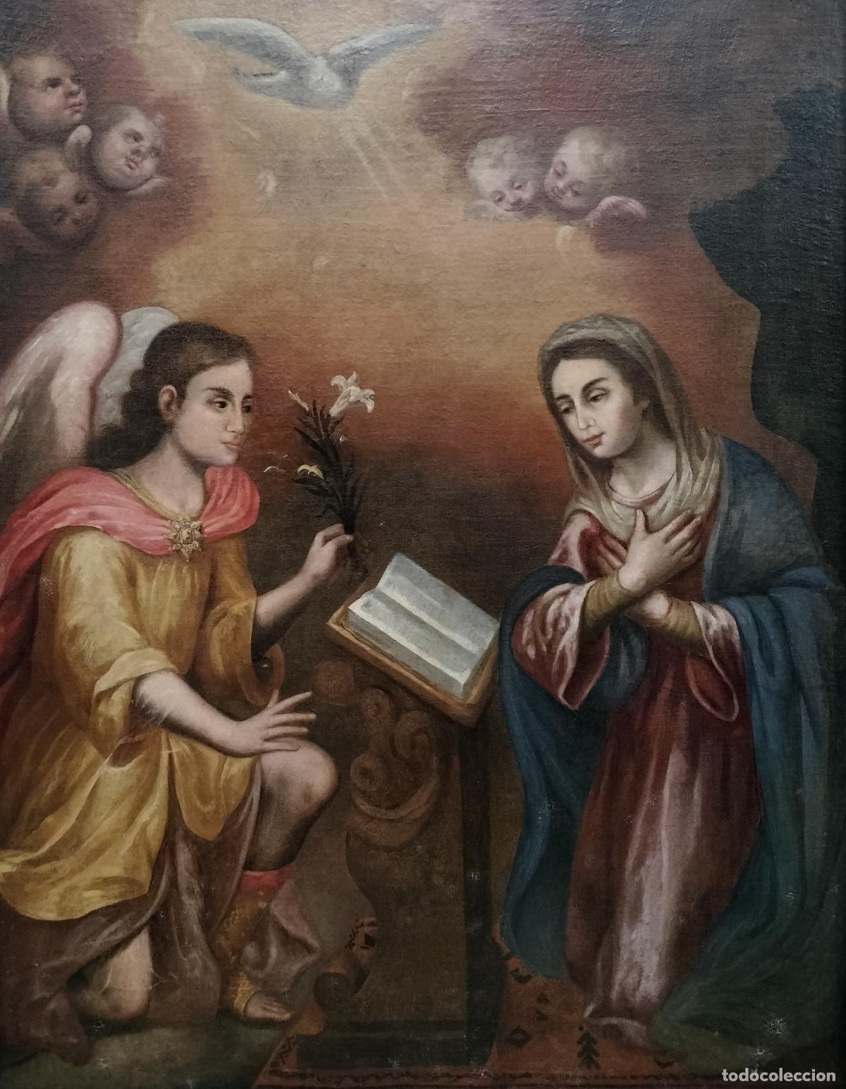Arte: LA ANUNCIACI&Oacute;N. AN&Oacute;NIMO DE ESCUELA COLONIAL. &Oacute;LEO SOBRE LIENZO. NUEVA ESPA&Ntilde;A. SIGLO XVIII.