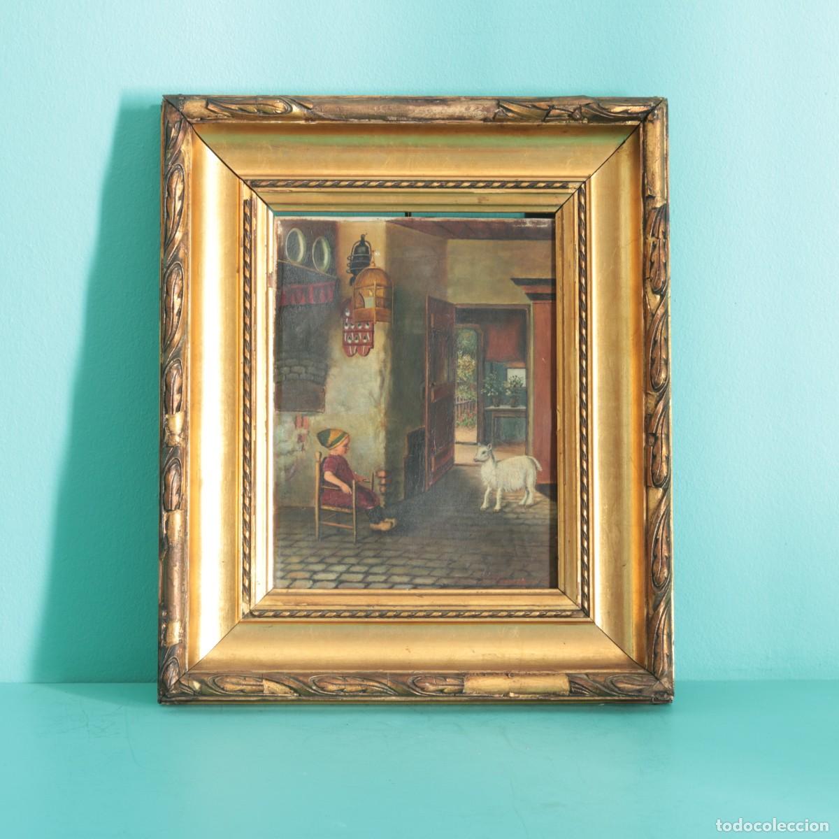 Arte: &Oacute;leo costumbrista antiguo firmado L. Werner &ndash; Ni&ntilde;a con cordero ca. 1900