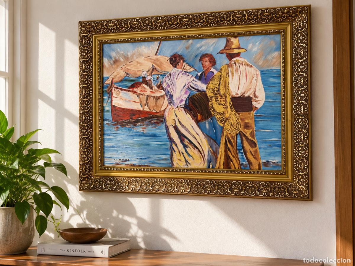 Arte: Cuadro vintage M.G. Redondo &ndash; &laquo;Pescadores en la costa&raquo;, &oacute;leo sobre lienzo, Espa&ntilde;a, a&ntilde;os 1940&ndash;1960, 5