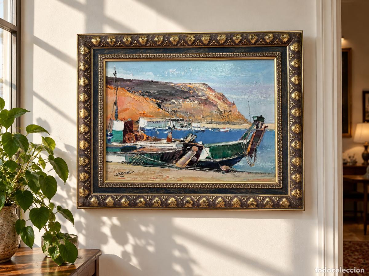 Arte: Jos&eacute; C&oacute;zar Viedma &ndash; &laquo;Pueblo de J&aacute;vea&raquo;, &oacute;leo sobre lienzo, marina con barcos, c. 1970, 59 &times; 46 cm