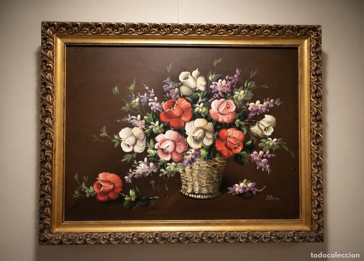 Kunst: Cuadro antiguo de bodeg&oacute;n de flores (cesta de rosas) con marco cl&aacute;sico dorado