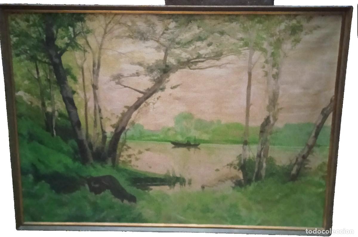 Arte: Crist&oacute;bal Aguilar Barea (Sevilla, 1939 - 2019): Paisaje ribere&ntilde;o con barca.