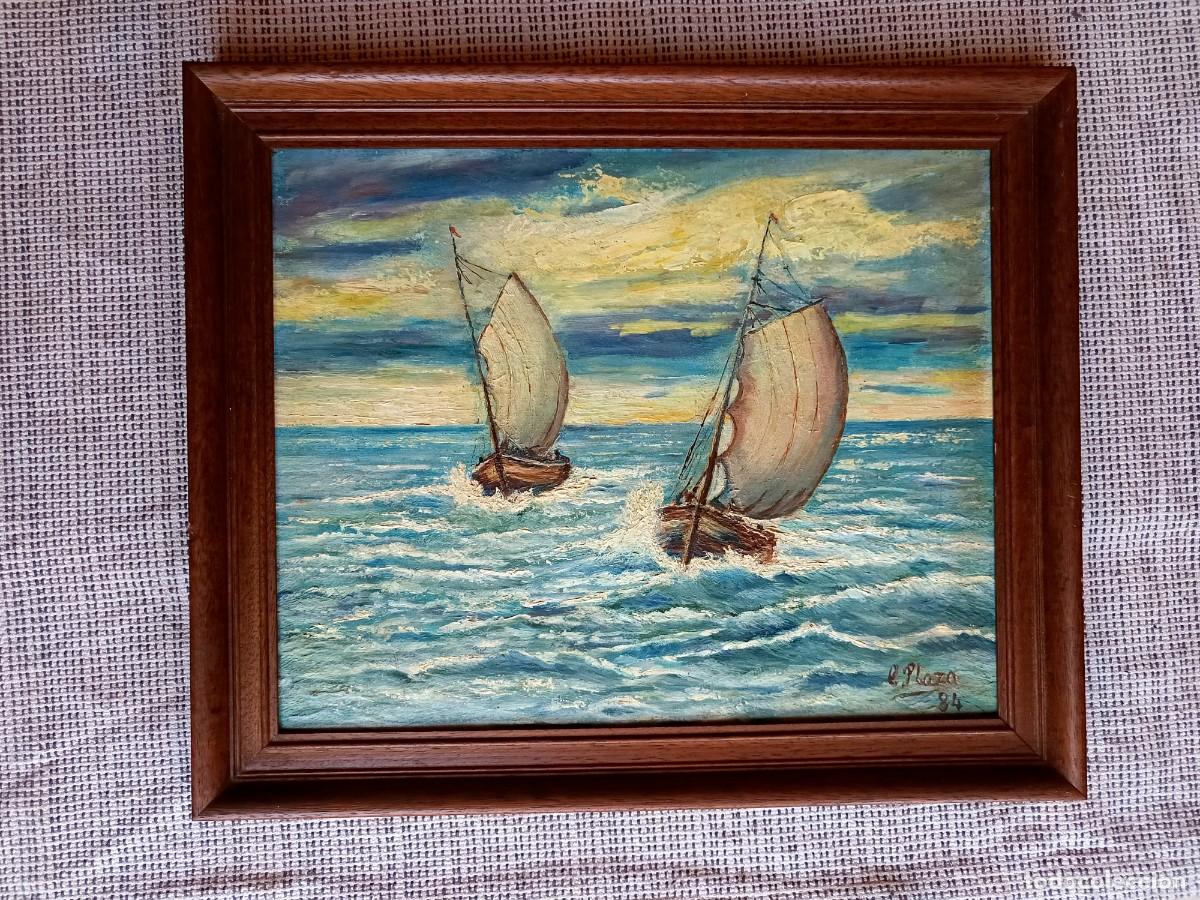 Arte: Cuadro, pintura oleo sobre tabla. Paisaje marino. Firma Plaza. 1984