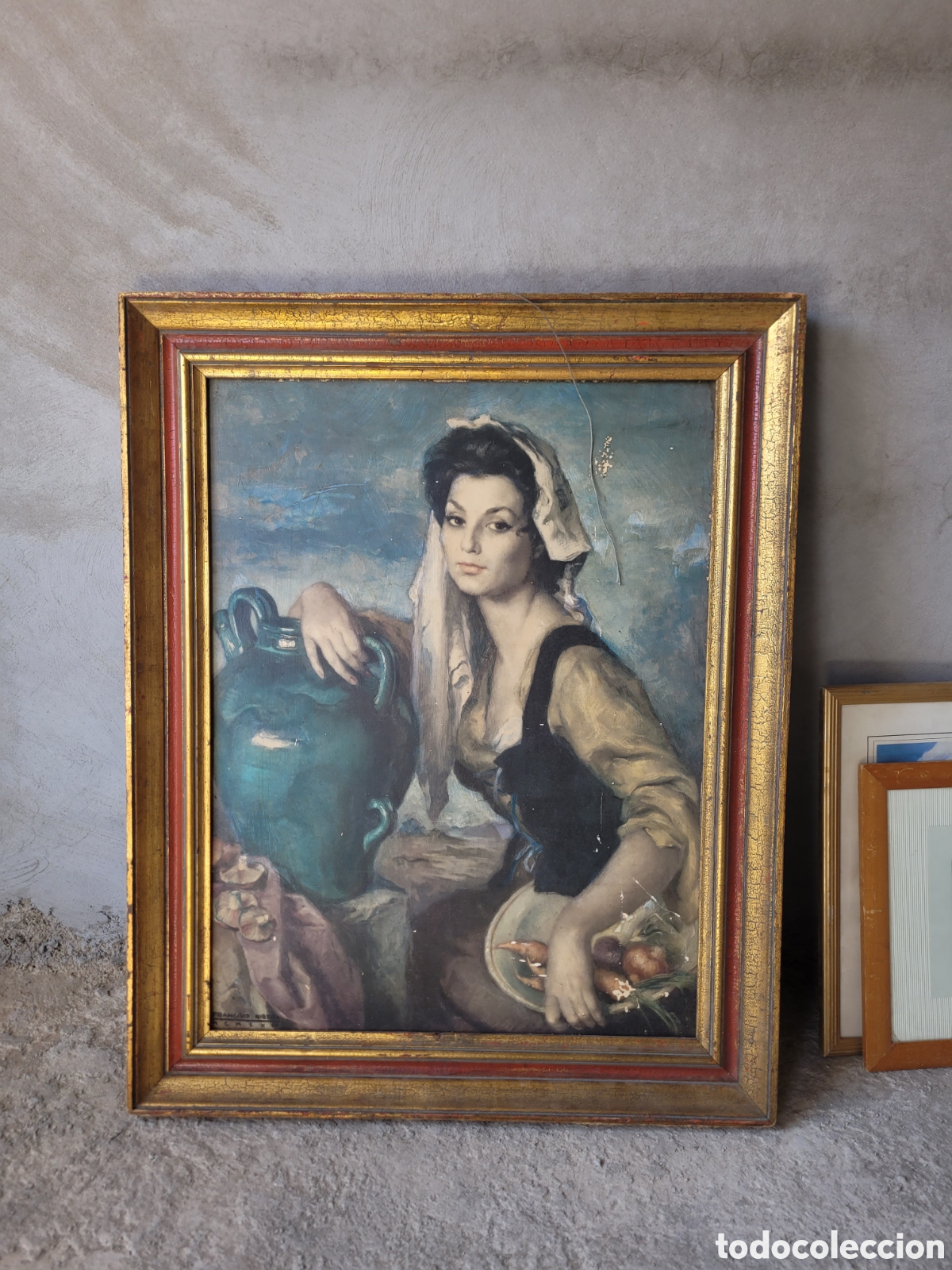 Arte: &Oacute;leo sobre lienzo - Joven campesina / Aldeana con c&aacute;ntaro verde y cesta de hortalizas - Siglo XX (Co