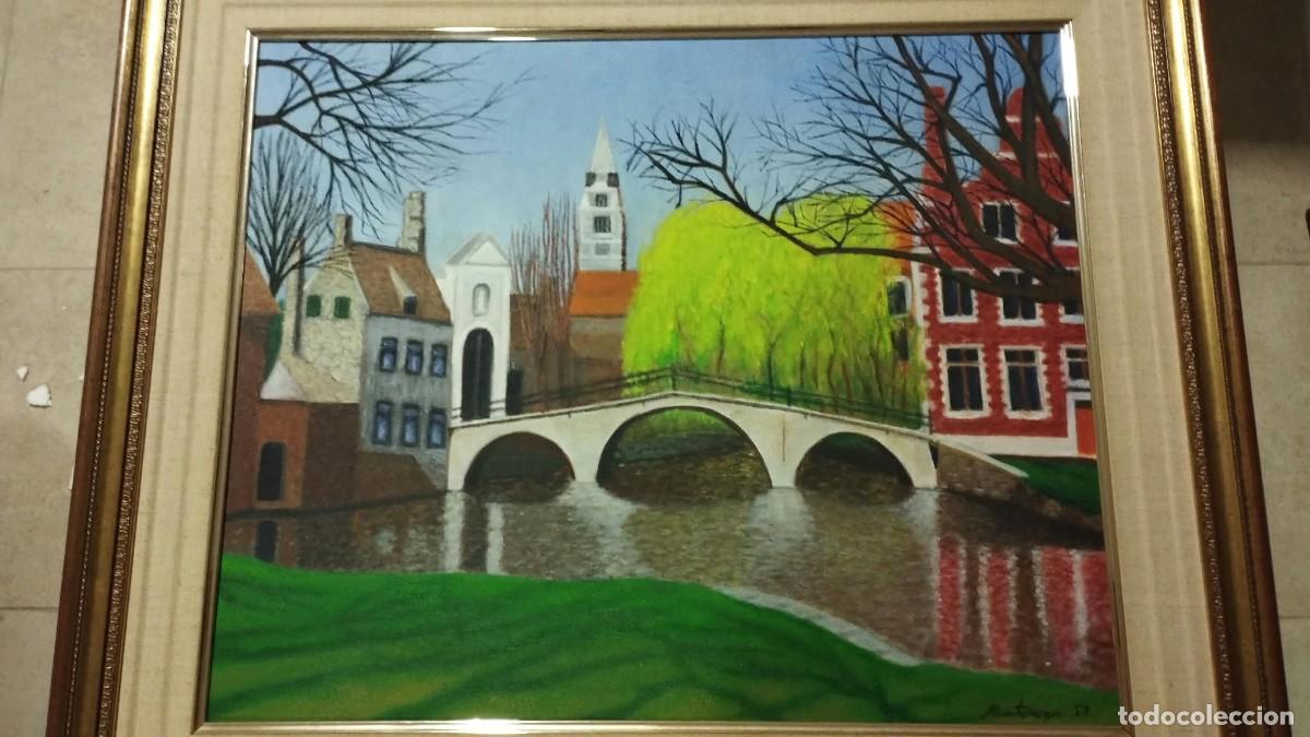 Arte: &Oacute;leo sobre lienzo - Pepe Montenegro (Elche) - Paisaje de canales y puente - 50 x 61 cm - Firmado 87