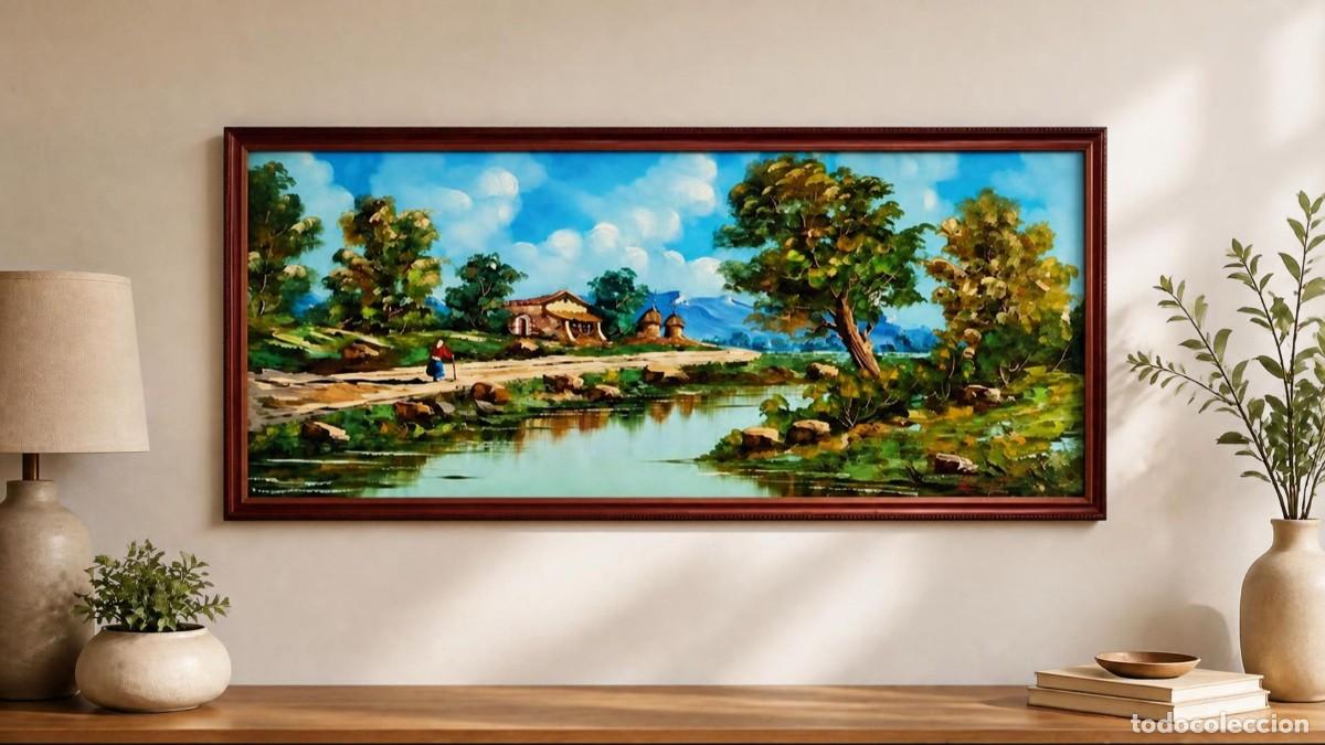 Art: CUADRO &Oacute;LEO SOBRE LIENZO &rdquo;PAISAJE FLUVIAL CON CASA DE CAMPO&rdquo; FIRMADO RROVGOT - MARCO DE MADERA
