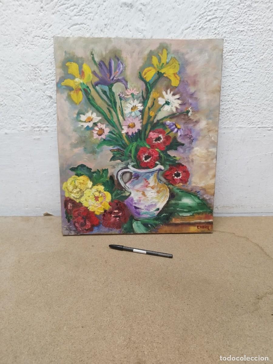 Arte: Antiguo cuadro, lienzo. Jarr&oacute;n lirios y fruta. Oleo