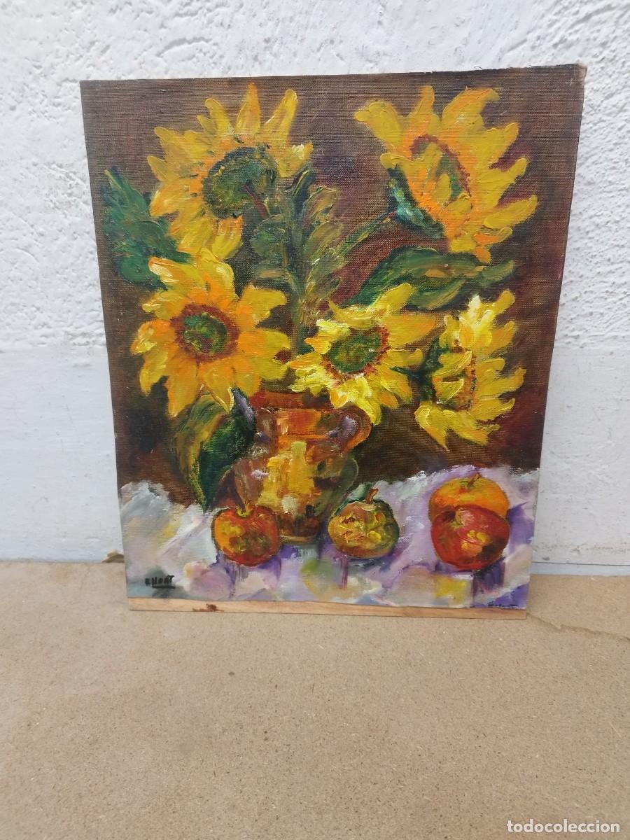 Arte: Antiguo cuadro, lienzo sobre tabla. Jarr&oacute;n girasoles y fruta. Oleo