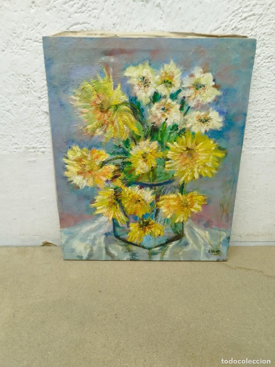 Arte: Antiguo cuadro, lienzo oleo. Jarr&oacute;n con Ramo de flores.