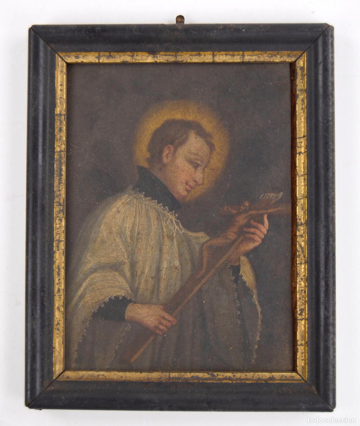 Kunst: San Luis Gonzaga, pintura al &oacute;leo sobre cobre, finales siglo XVIII, con marco.