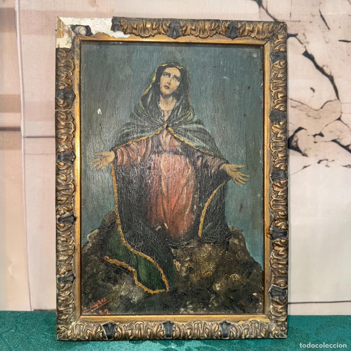 Arte: Pintura al Oleo de Car&aacute;cter Religioso Sobre Soporte de Madera de la Virgen Maria