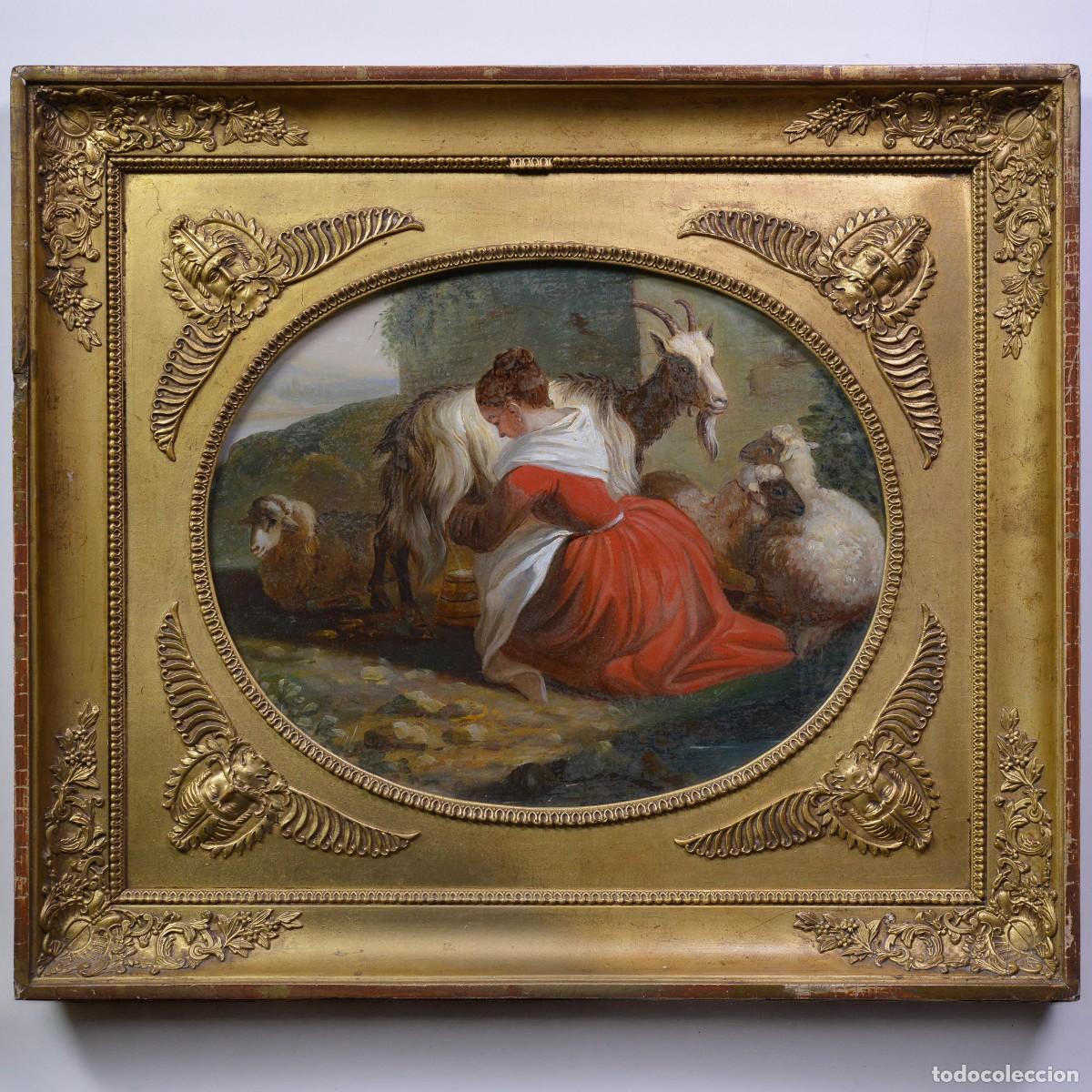 Arte: 19th Century European Pastoral Milkmaid Reverse Glass Painting Gilt Tondo Frame