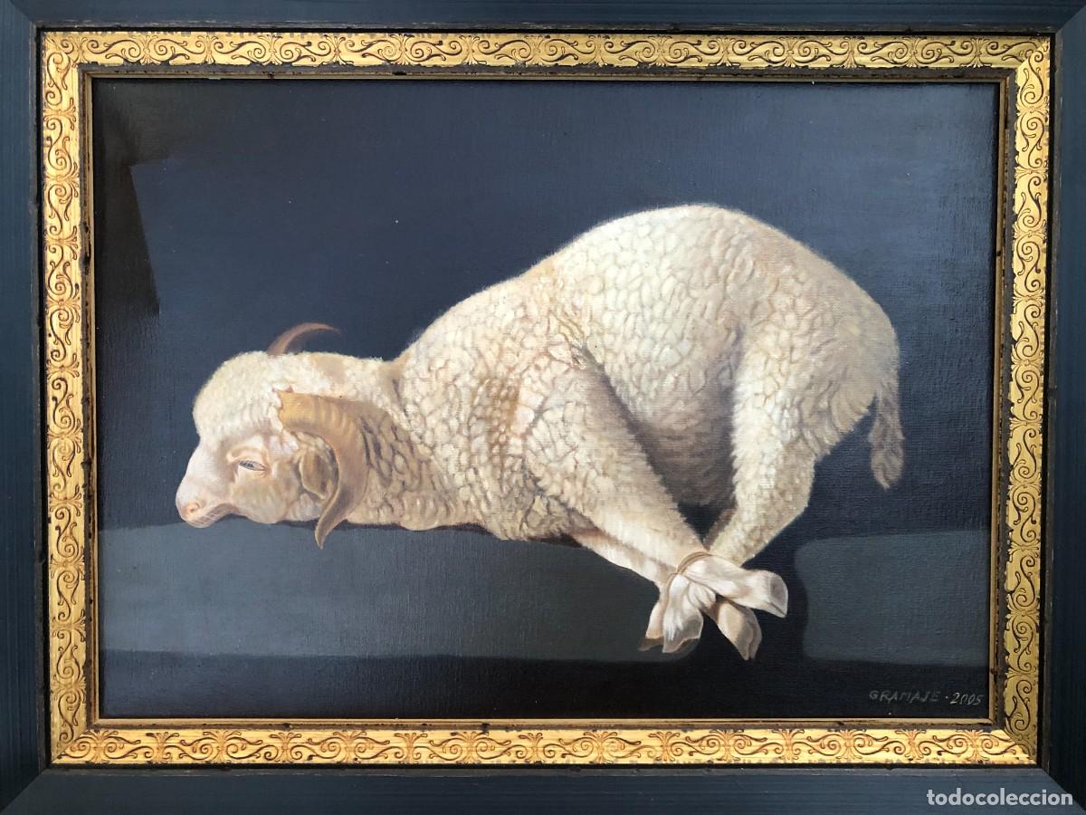 Arte: &Oacute;leo sobre lienzo Agnus Dei seg&uacute;n Zurbar&aacute;n- Escuela Espa&ntilde;ola firmado, 2005 enmarcado