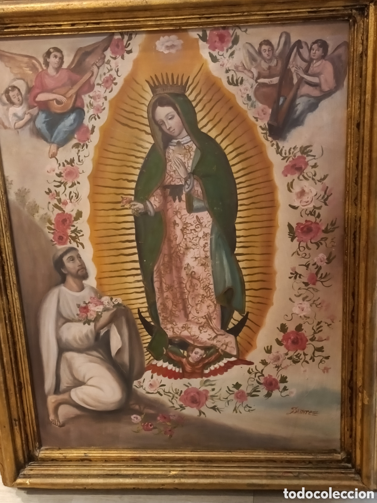 Arte: Oleo sobre lienzo de Virgen Guadalupana, firmada SUAREZ.