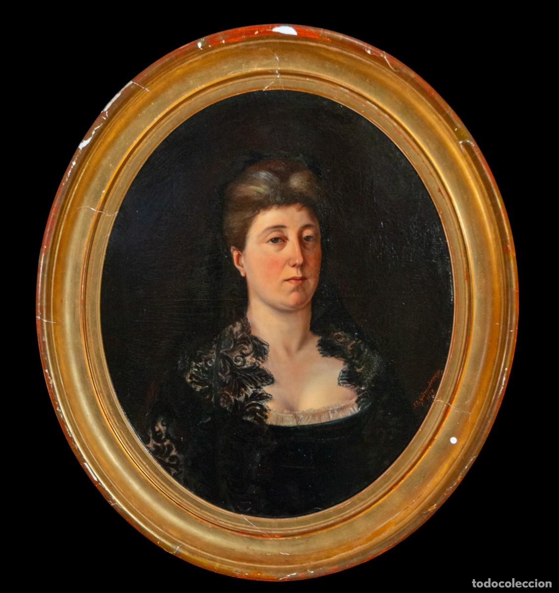 Arte: Retrato de dama firmado, &oacute;leo sobre lienzo espa&ntilde;ol, siglo XIX, marco dorado