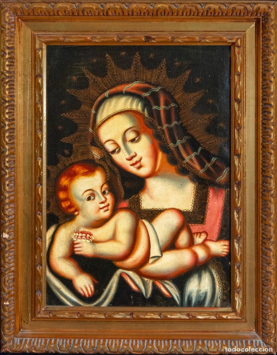 Arte: Virgen con Ni&ntilde;o, &oacute;leo colonial andino, escuela cuzque&ntilde;a, siglo XIX, 78 cm