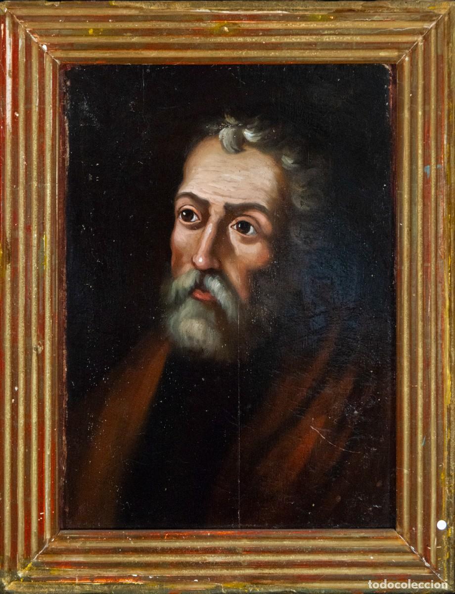 Arte: Ap&oacute;stol barroco, &oacute;leo sobre tabla, escuela espa&ntilde;ola, siglo XVII, 52 cm