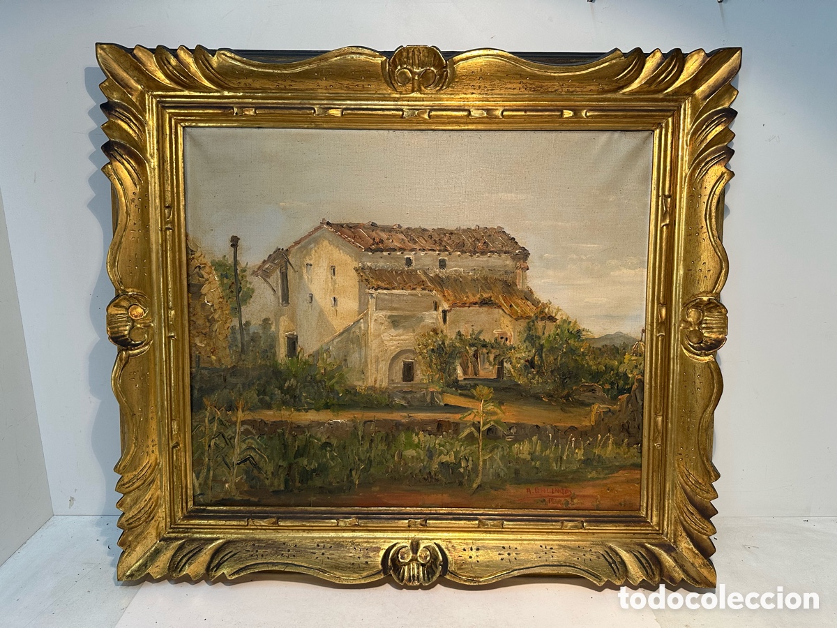 Arte: BONITO OLEO SOBRE TELA, PAISAJE CASA RURAL ENMARCADO. FIRMADO A. GALINDO 1942 .