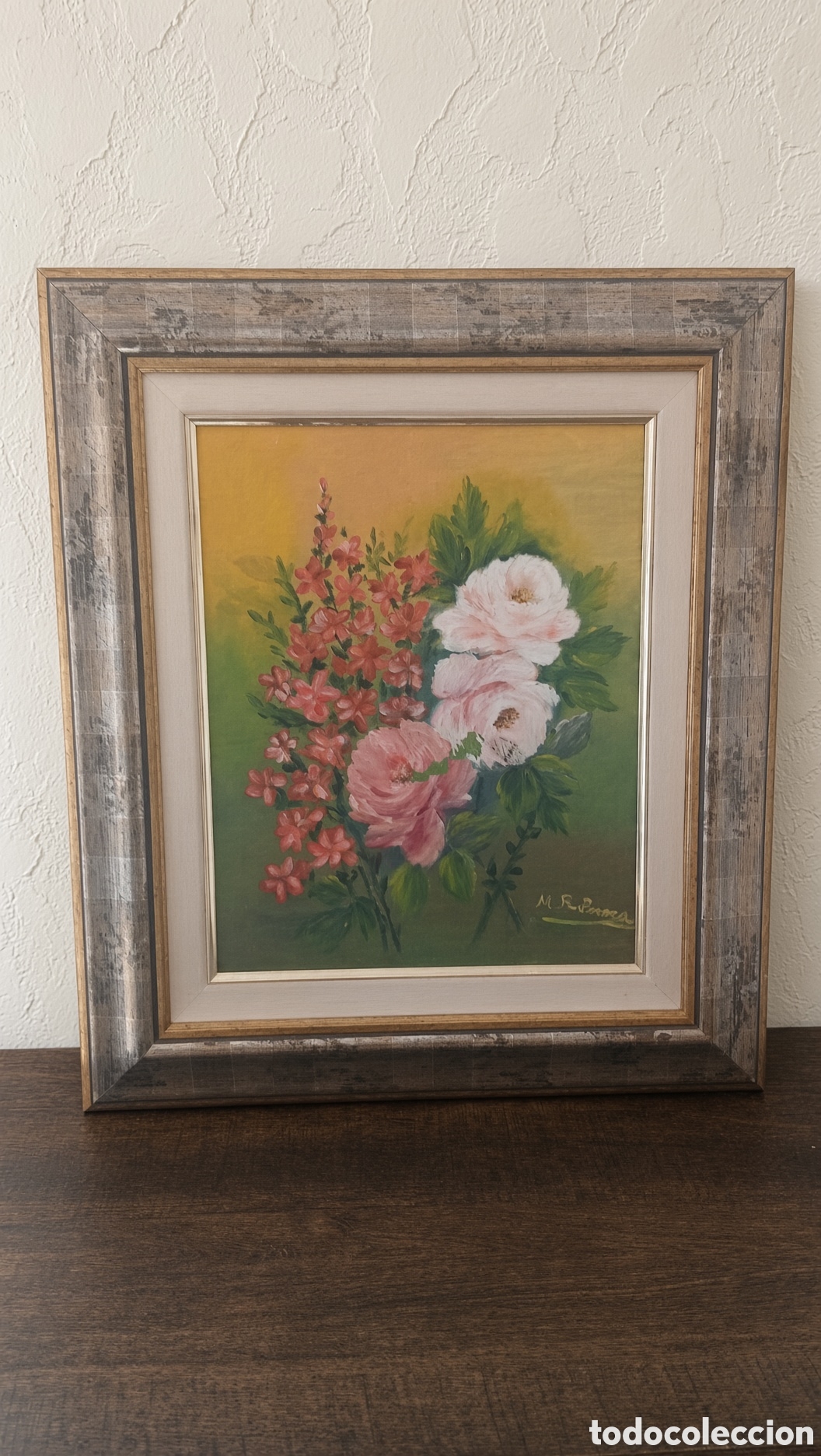 Arte: Precioso cuadro antiguo pintado al &oacute;leo, un bodeg&oacute;n floral con rosas y otras flores